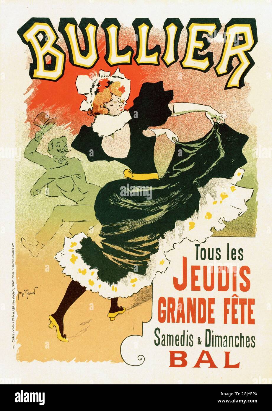 Vintage Poster advertising thursday parties and weekend balls at Bullier, tous les jeudis grand fetes dans Bullier by Georges Meunier, 1895. Stock Photo