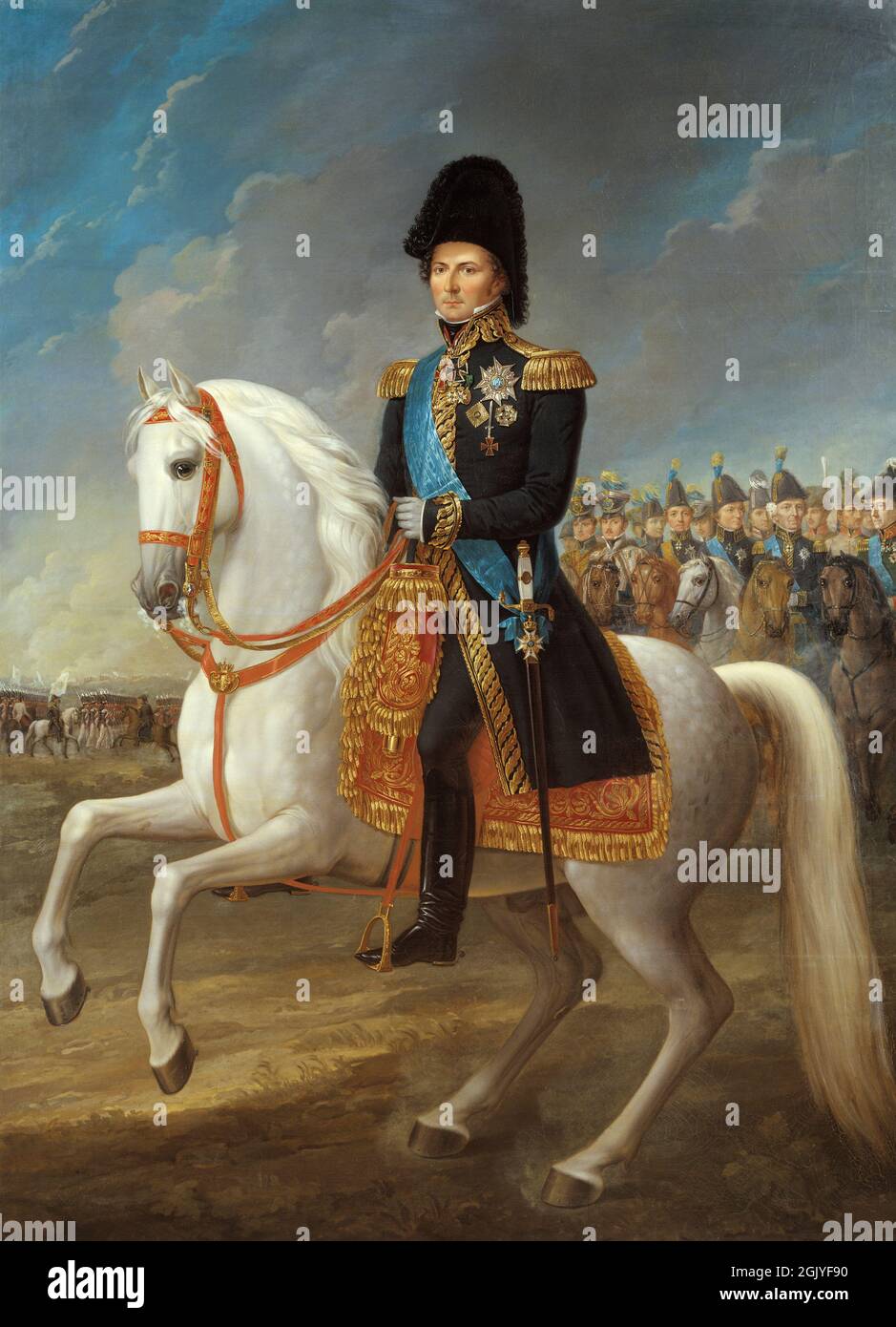 Marshal Jean Baptiste Bernadotte who became  Crown Prince of Sweden. Napoleon's trusted Maréchals. Napoleon only promoted his men by merit, not by their title, which gave him a formidable army during the Napoleonic Wars.  painting by Fredric Westin. Bernadotte was the son of a prosecutor. Stock Photo