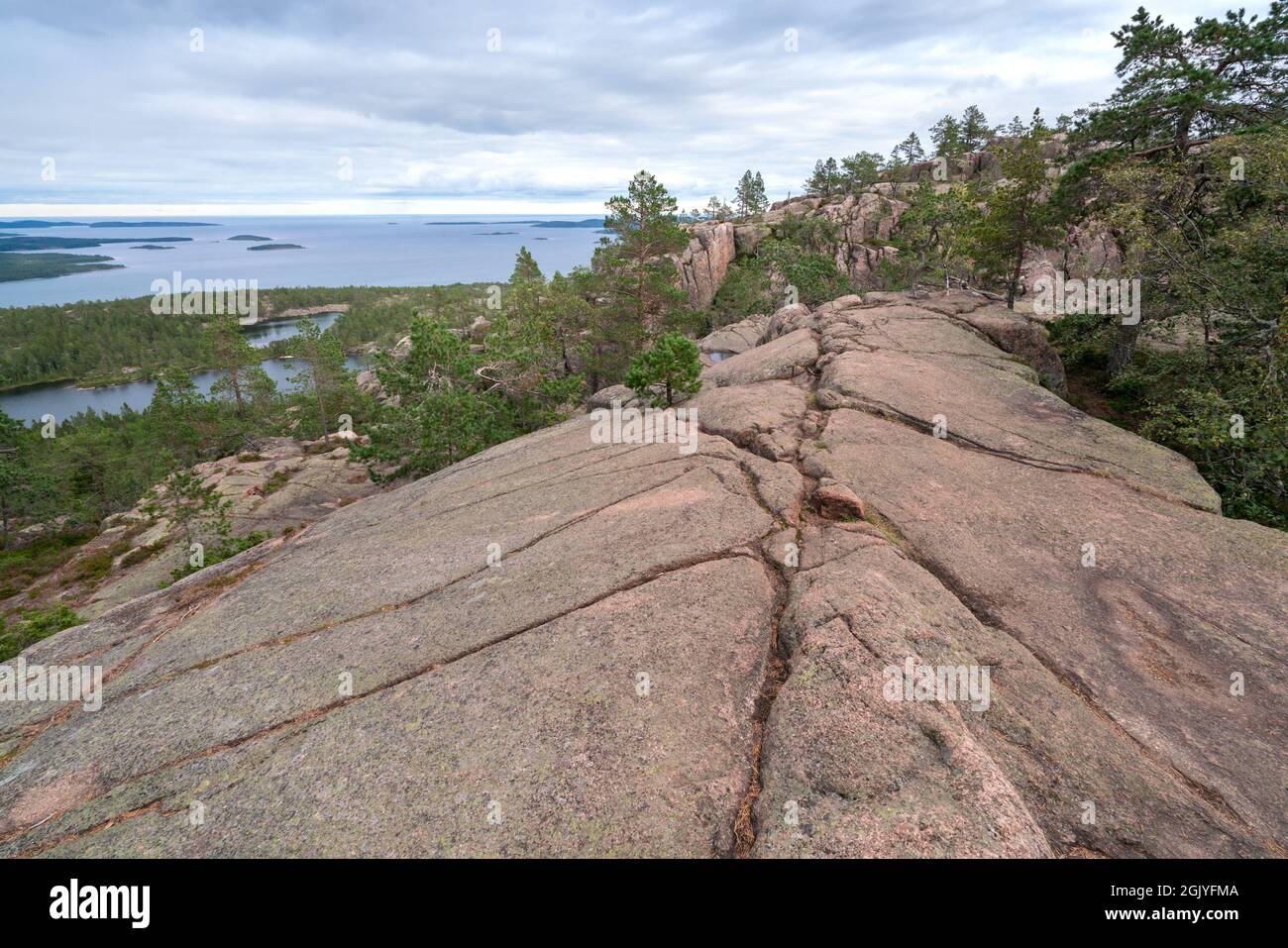 View of Baltic sea and gulf of Bothnia from the top of the rock in Skuleskogen national park, Sweden. Hiking along the High Coast trail, Hoha Stock Photo