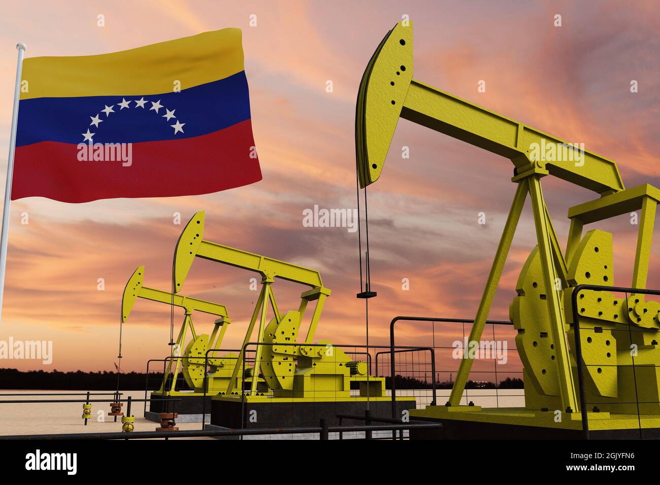 A 3D rendering of an oil field and the Venezuela flag against a cloudy ...