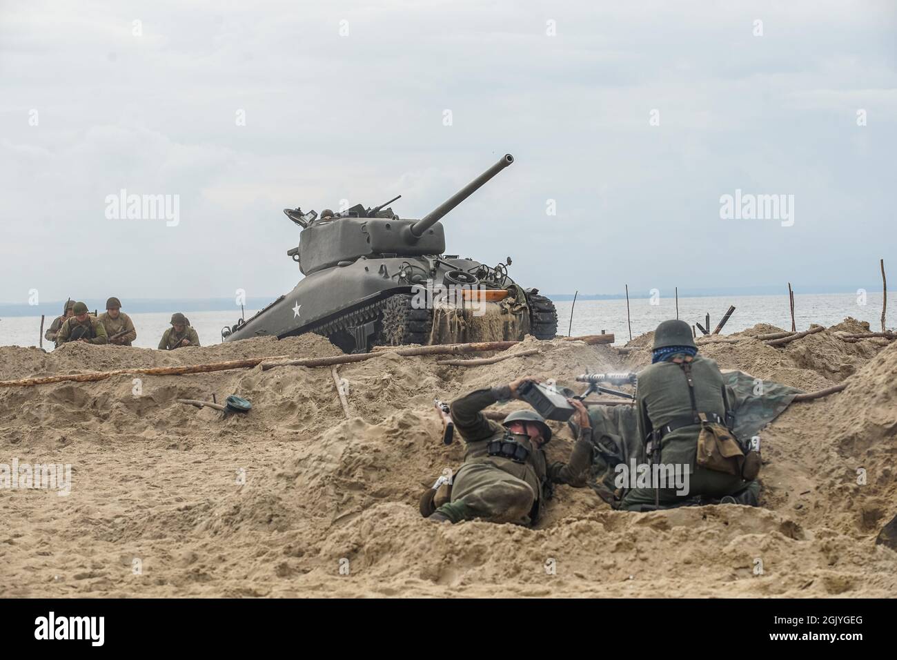 Hel, Poland 28th. August 2021 Landing on Omaha Beach re-enactment during the D-Day Hel festival is seen in Hel, Poland, on 28 August 2021 D-Day Hel is an event organized by the Foundation of Historical Military Technology, which refers to the biggest landing operation in the history of World War II in Normandy, France. M4 Sherman tank is seen.  Credit: Vadim Pacajev/Alamy Live News Stock Photo