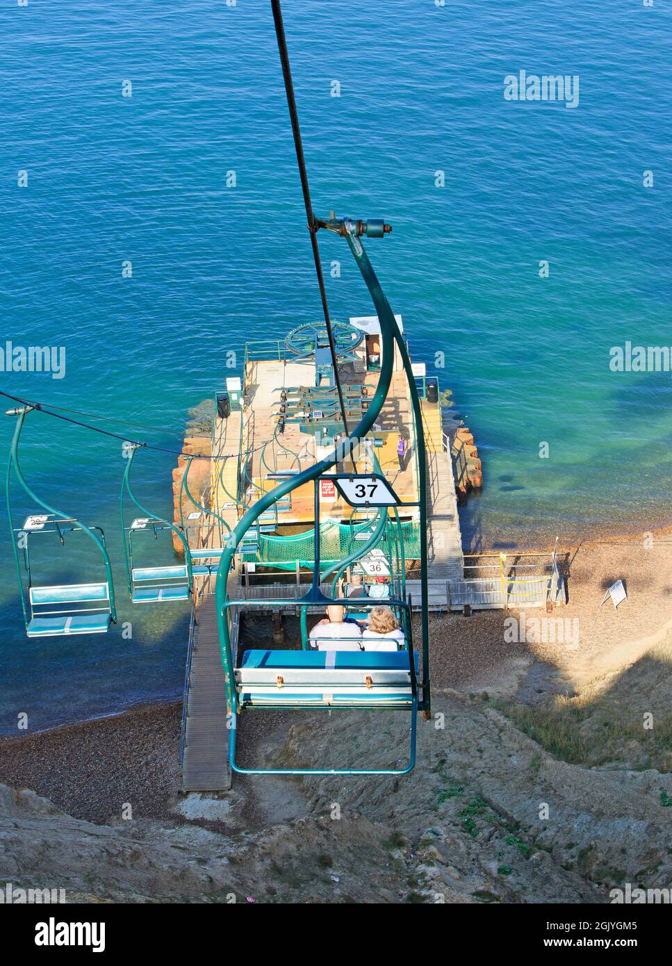 The Needles Chairlift, Isle of Wight, 2021. A chairlift taking passengers don to the bay below