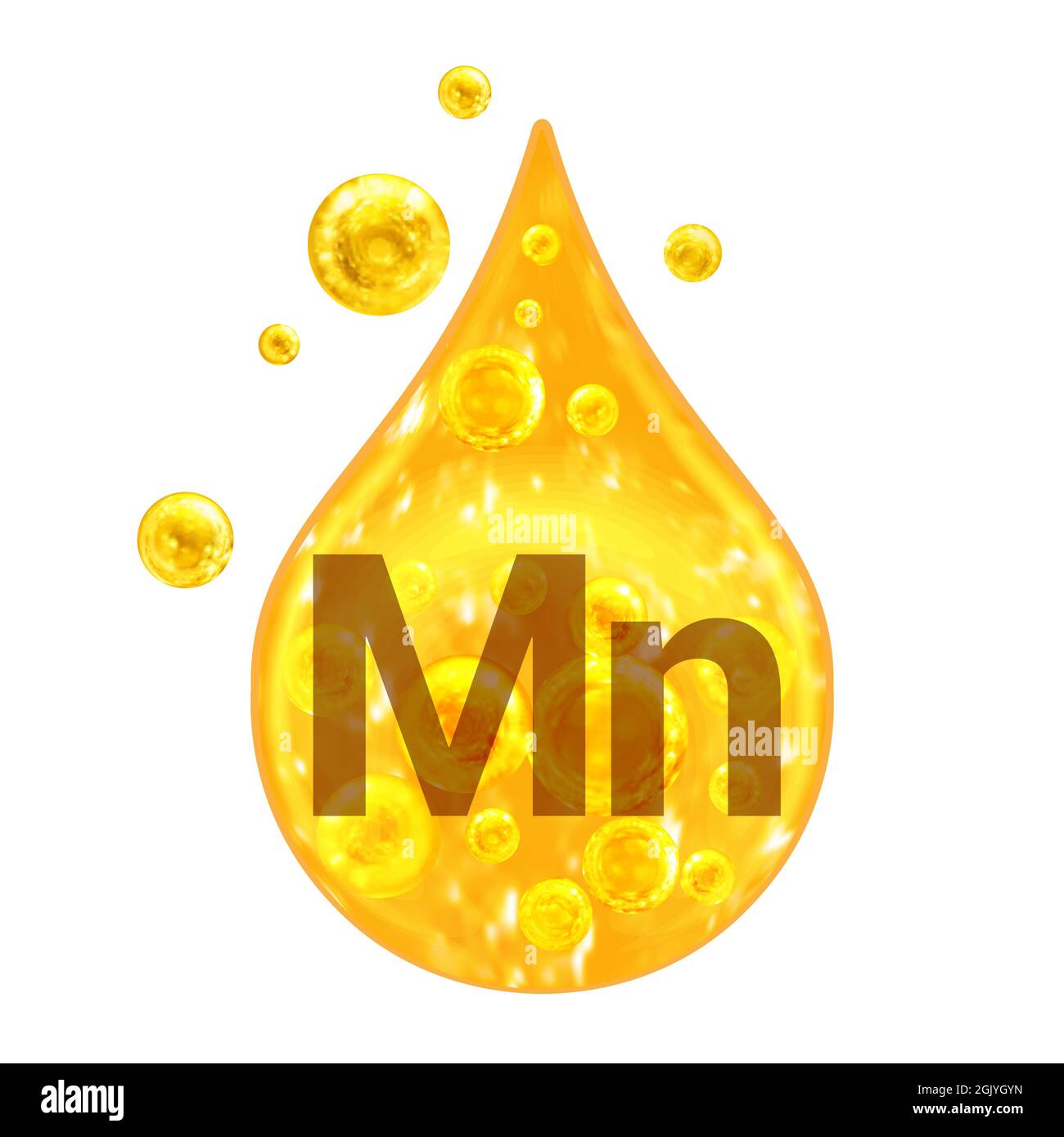 Mineral Vitamin complex. Mineral Mn. Manganese. Golden drop and golden balls Isolated on white background. Health concept. Mn Manganese. Stock Photo