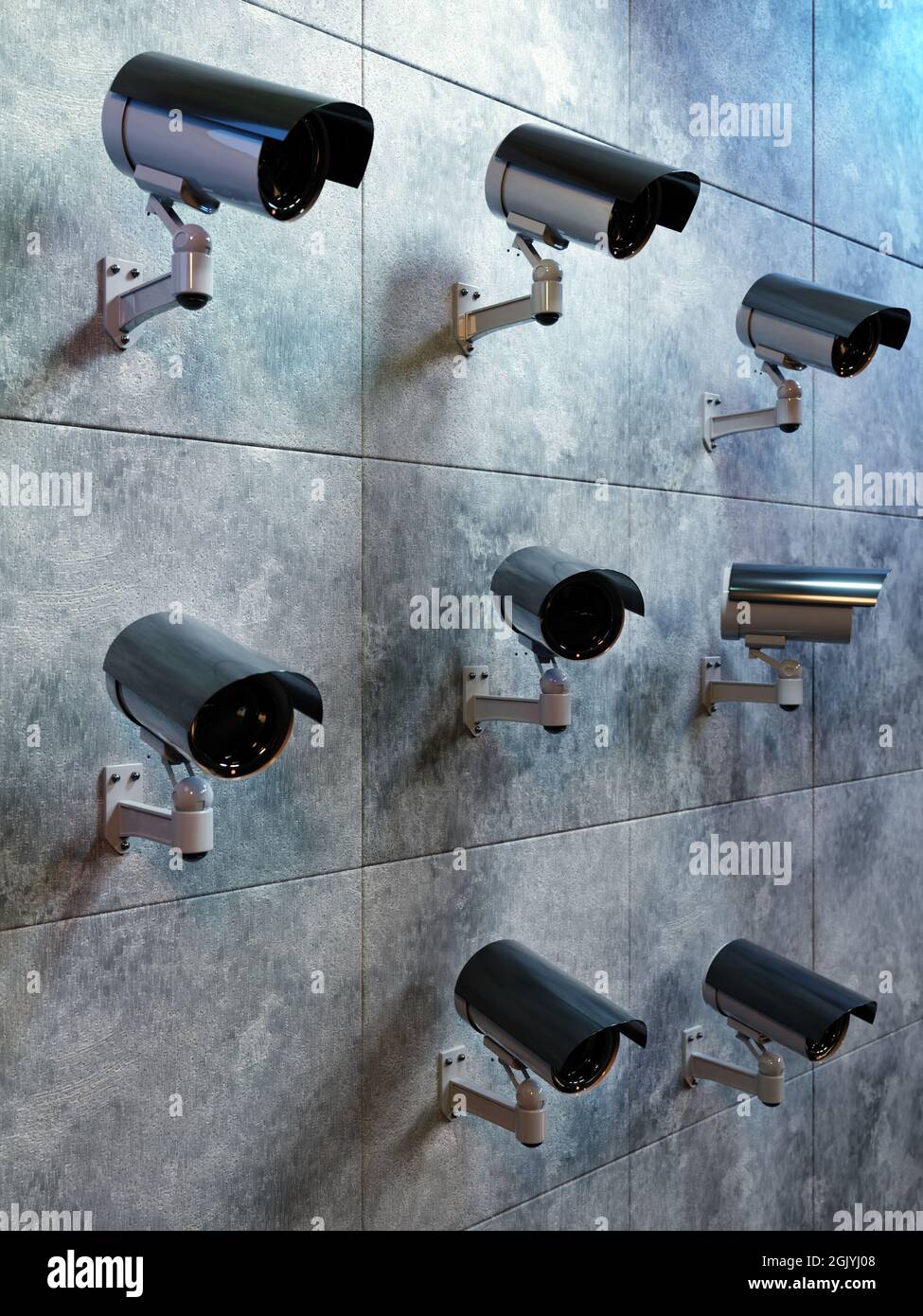 3D rendering many security cameras mounted to the wall monitoring the area Stock Photo