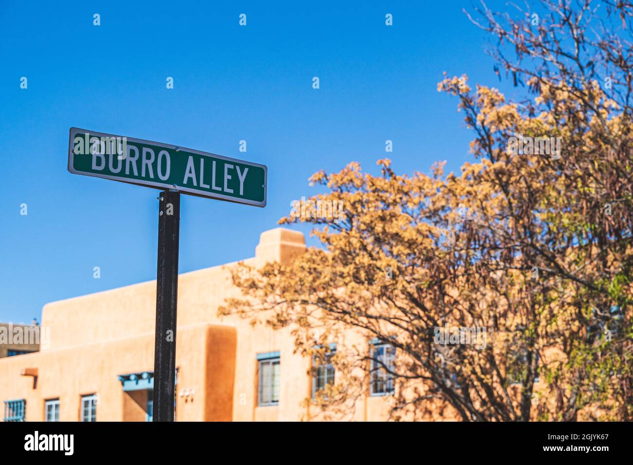 Sign for Burro Alley in Santa Fe New Mexico in autumn Stock Photo