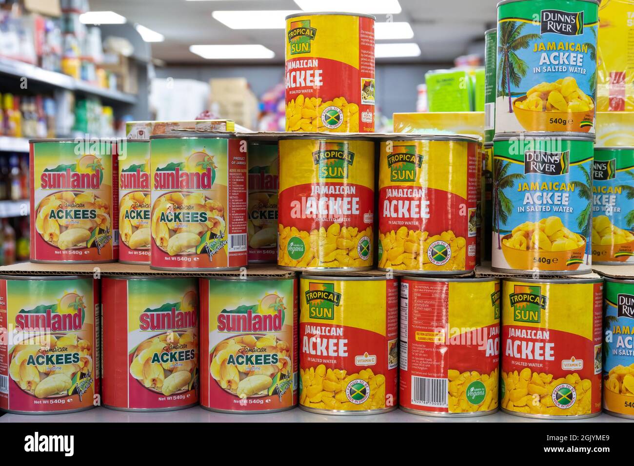 London, England - September 11 2021: Variety of tinned ackee on sale in a shop in London Stock Photo