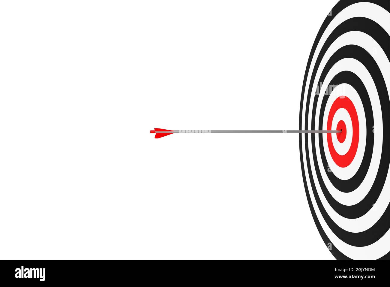 Single arrow hitting center of goal target over white background, success, goal achievement or