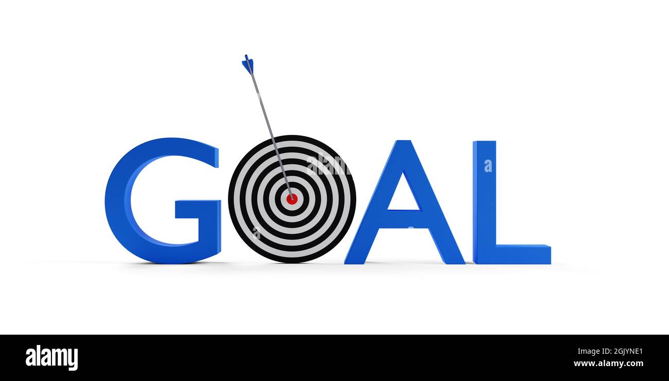Blue arrow hitting center of goal target on the word goal over white