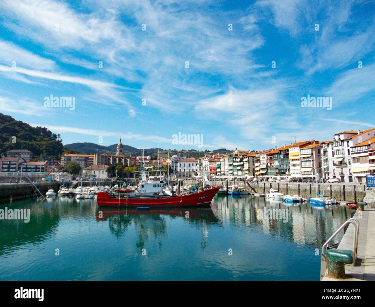Port and beach of the municipality of Lekeitio-Lequeitio, in the Basque Country, north of Spain. Located next to the Cantabrian Sea. Europe. Stock Photo