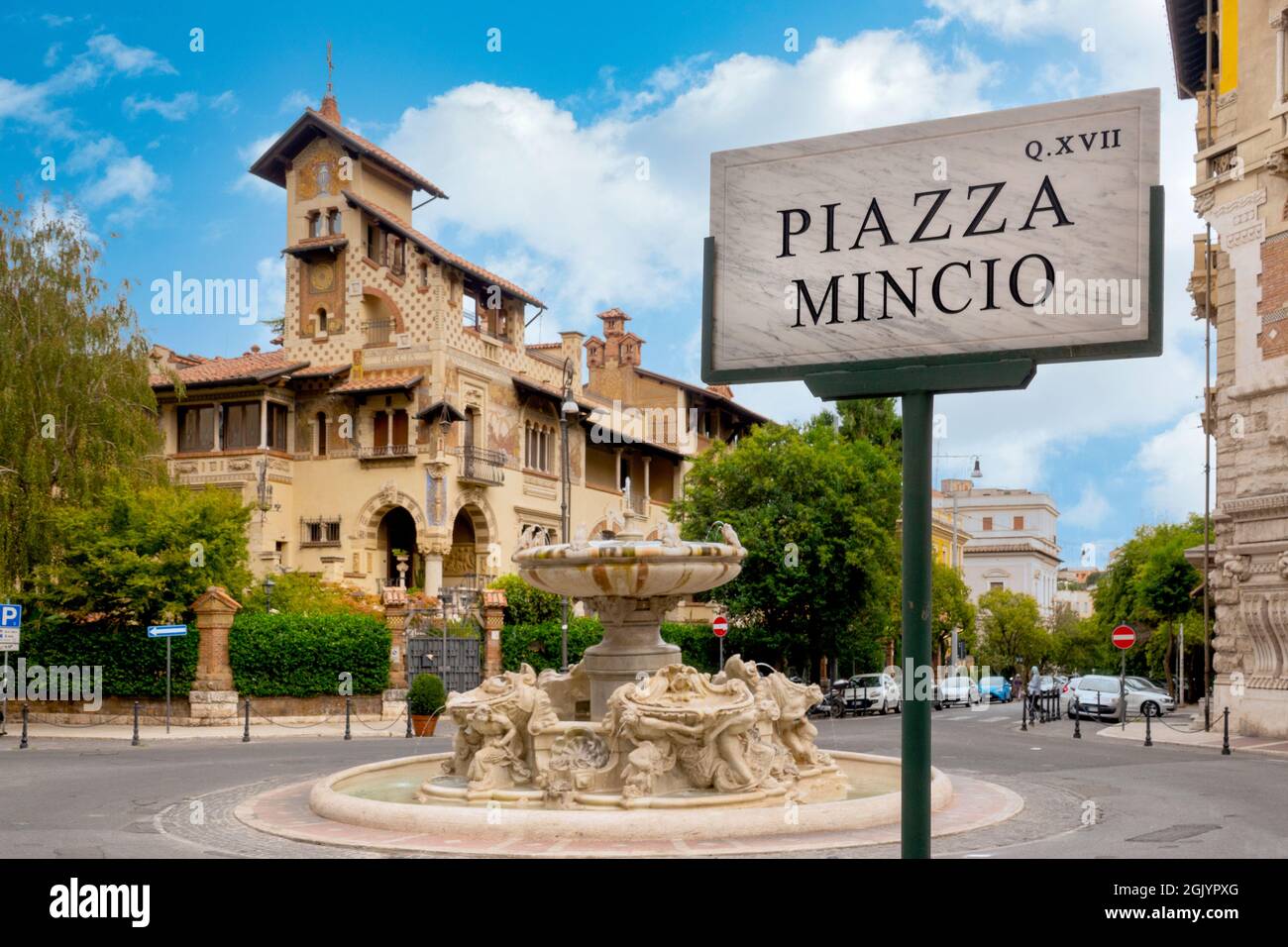 Fontana delle Rane and the Villino delle fate in the Quartiere Coppedè, Rome, Italy Stock Photo