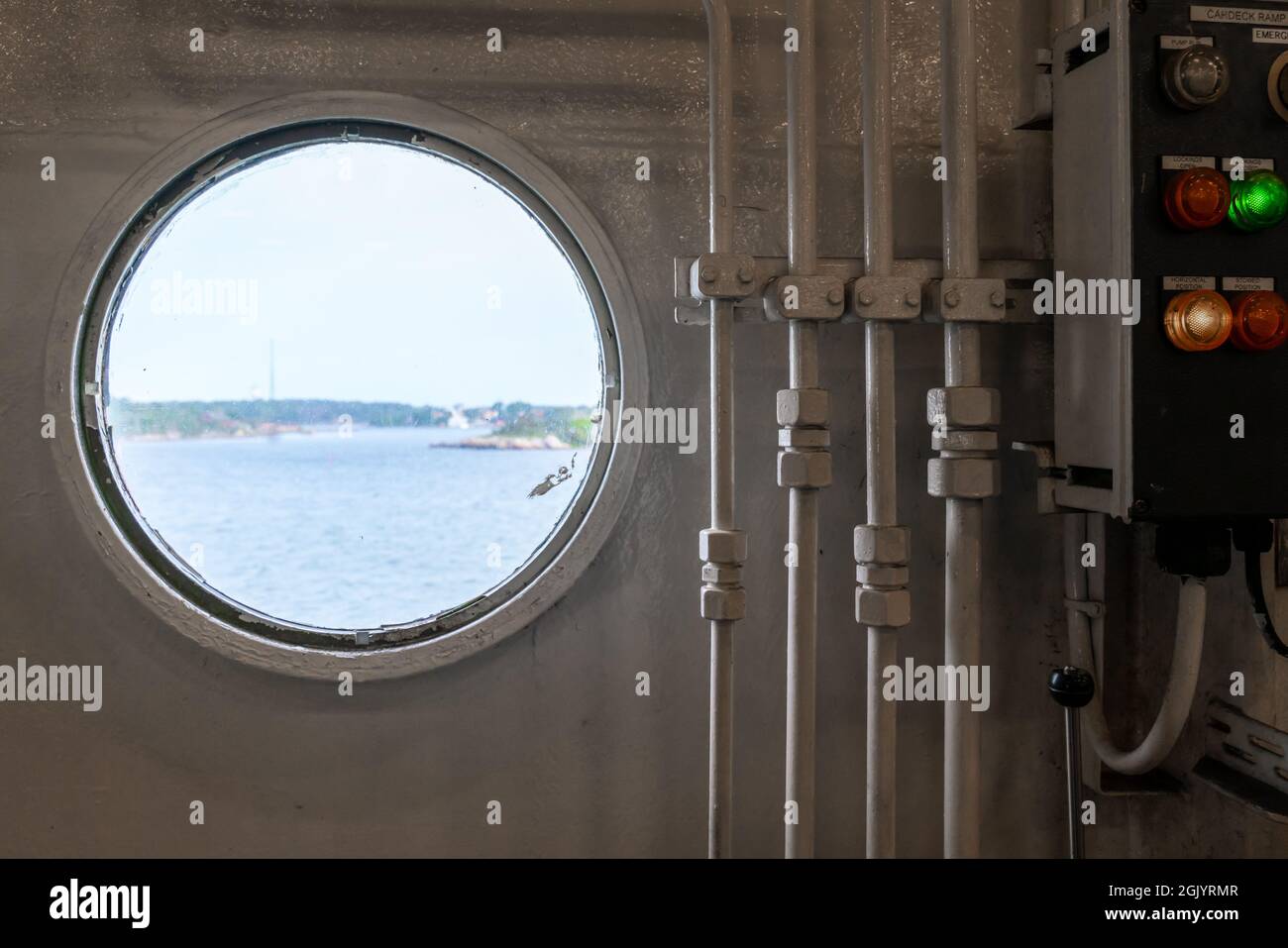 Karlskrona, Sweden 08.14.2021 Orange life buoy attached to railing