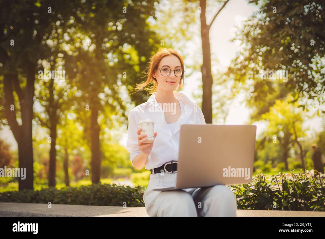 Beautiful redhead young woman sitting in the park and using laptop ...