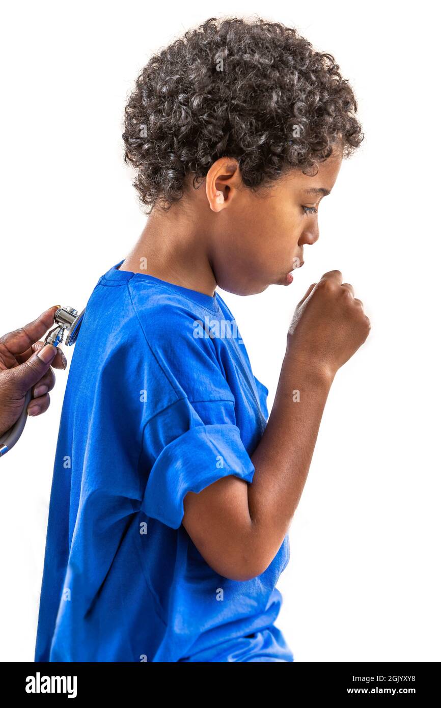 Little boy coughing on white background listening to the lungs, or the