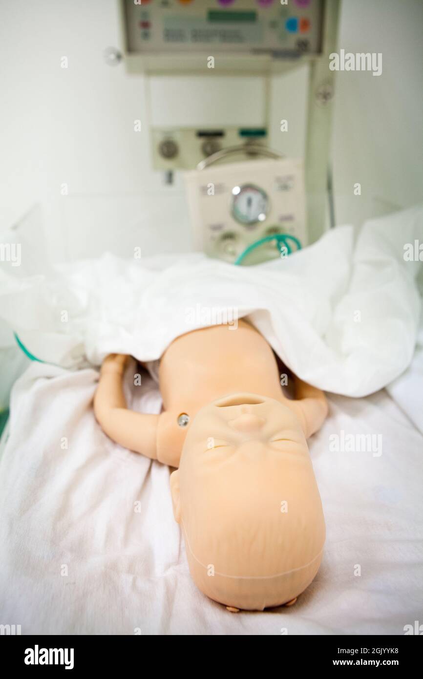 Simulation session on a mannequin, aiming to reproduce very realistic clinical situations. Stock Photo