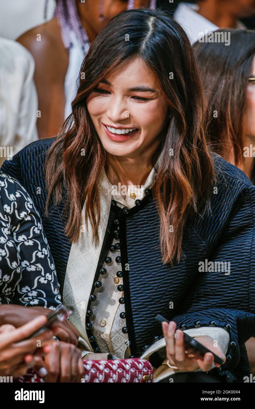 New York, USA. 12th Sep, 2021. Gemma Chan sits in the front row at the Tory  Burch fashion show during Spring/Summer 2022 Collections Fashion Show at  New York Fashion Week in New