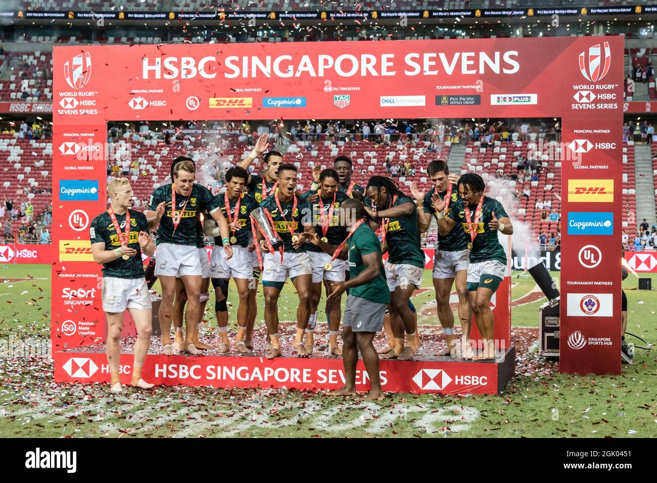 SINGAPORE-APRIL 14: South Africa 7s team celebrates the cup final win during Day 2 of HSBC World Rugby Singapore Sevens on April 14, 2019 at National Stadium in Singapore Stock Photo
