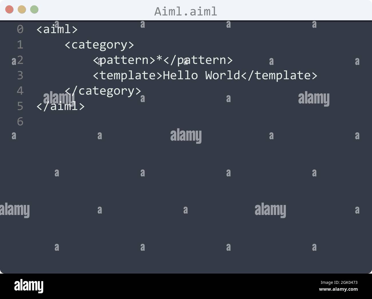 Aiml language Hello World program sample in editor window illustration ...