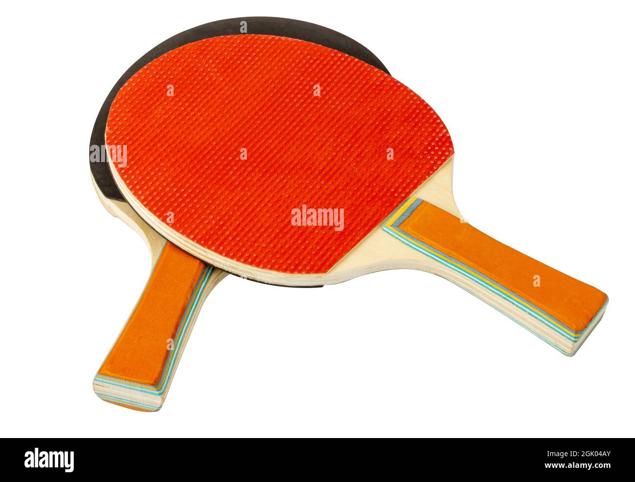 Two ping pong rackets. Wooden rackets. High viewing angle. Isolate on white. Stock Photo