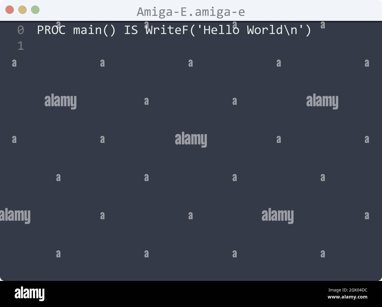 Amiga-E language Hello World program sample in editor window illustration Stock Vector