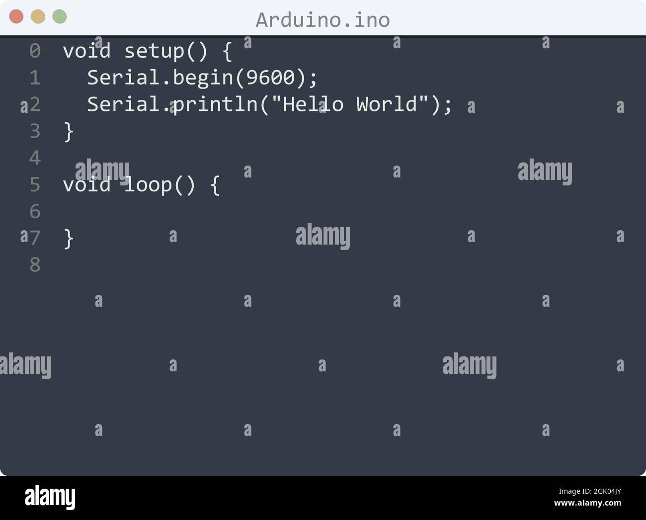 Arduino language Hello World program sample in editor window ...