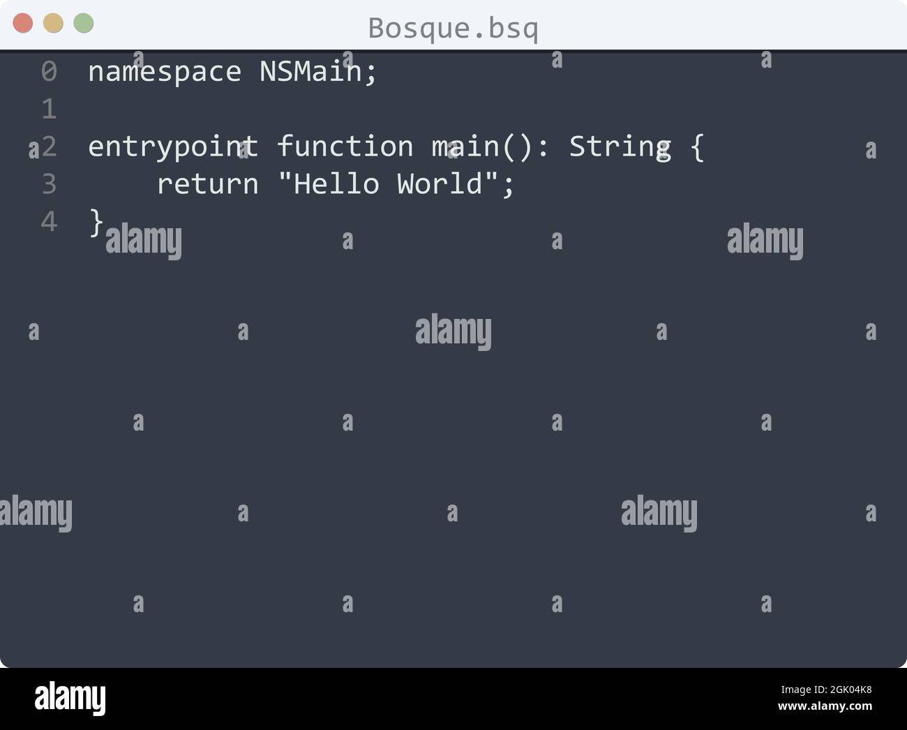 Bosque language Hello World program sample in editor window ...