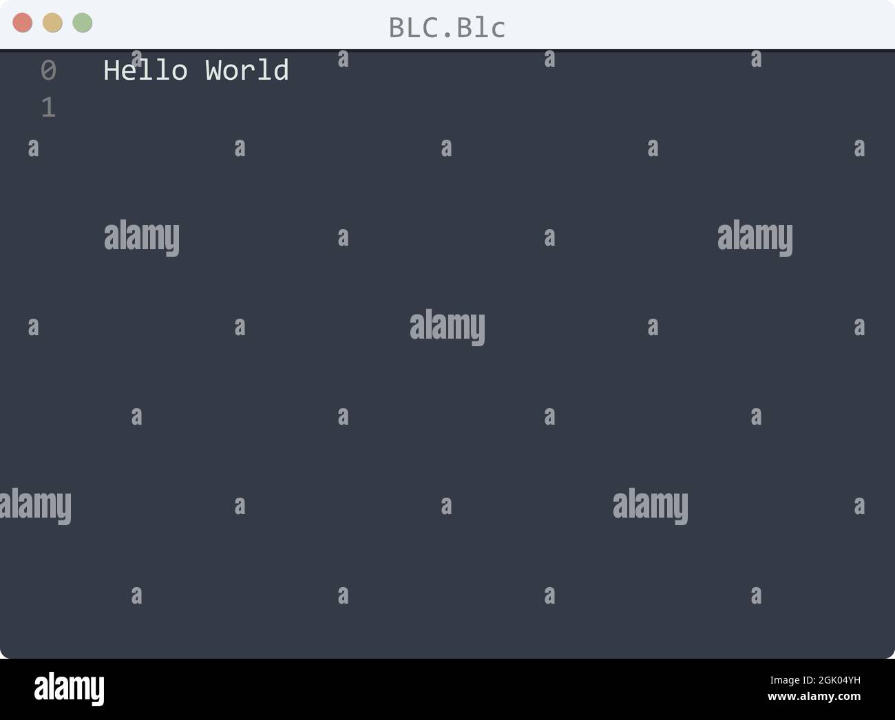 BLC language Hello World program sample in editor window illustration Stock Vector