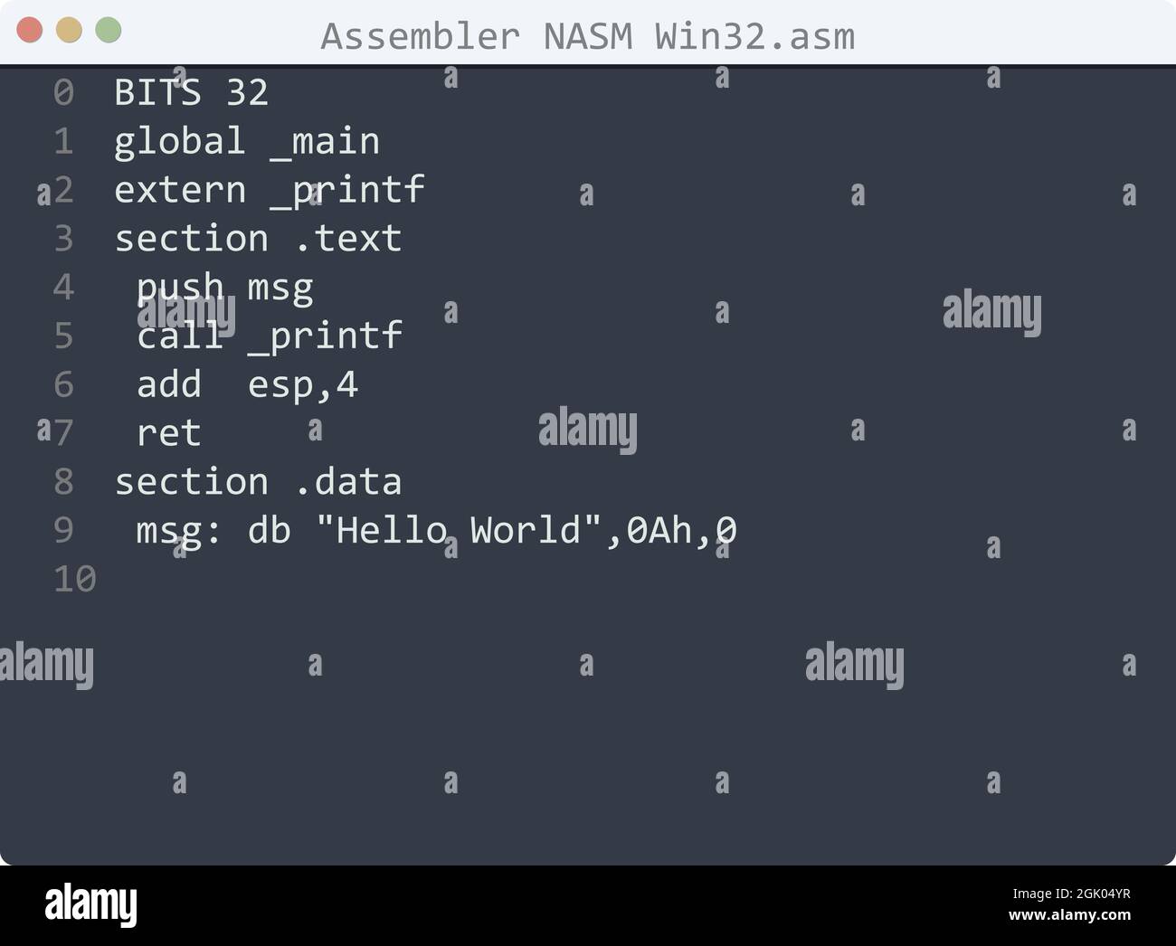 Assembler NASM Win32 language Hello World program sample in editor window  illustration Stock Vector Image & Art - Alamy