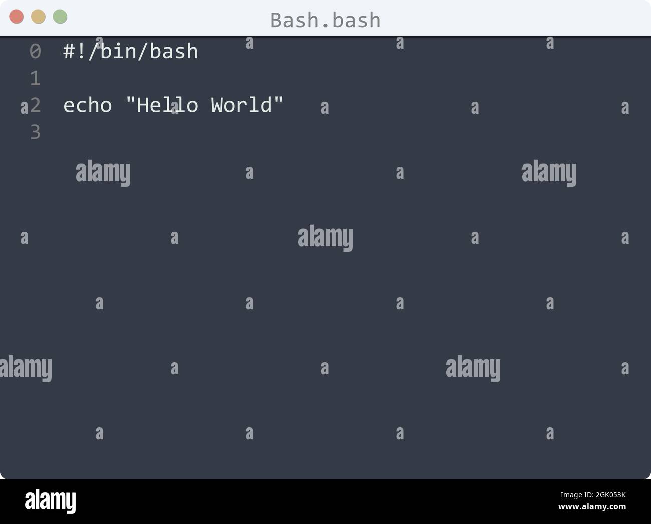 Bash language Hello World program sample in editor window illustration Stock Vector