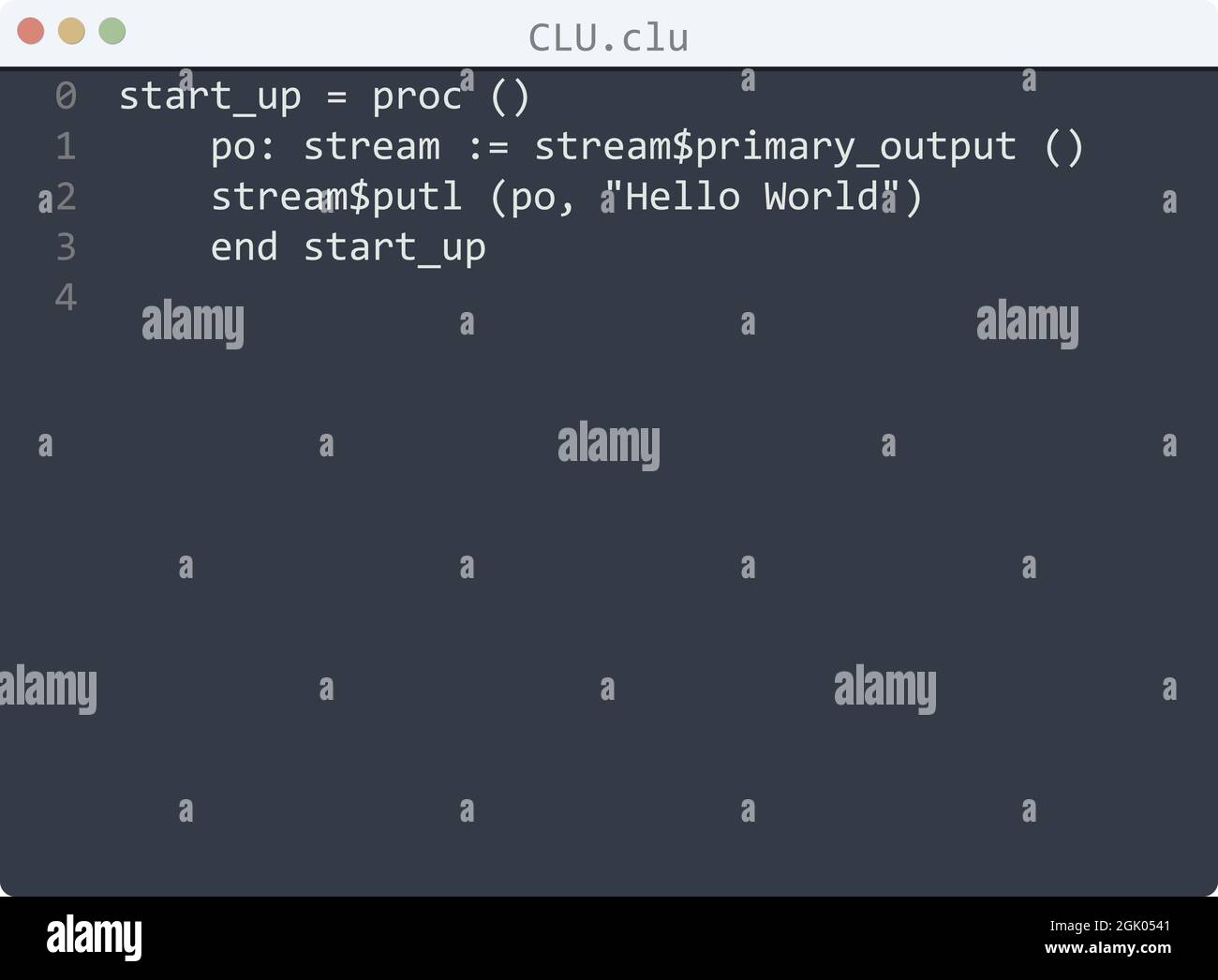 CLU language Hello World program sample in editor window illustration ...