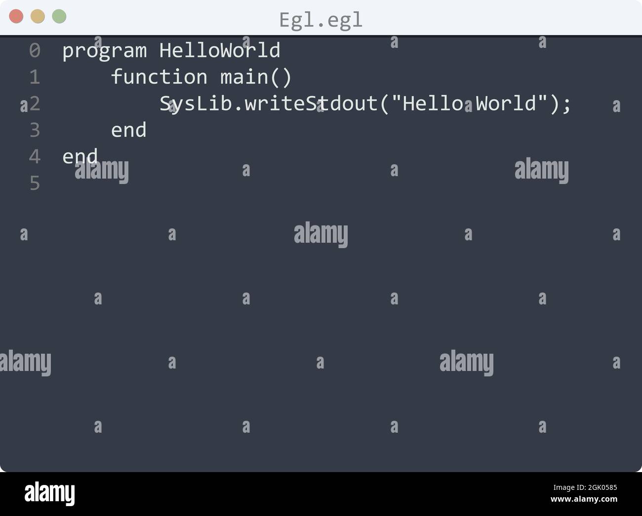 Egl language Hello World program sample in editor window illustration ...
