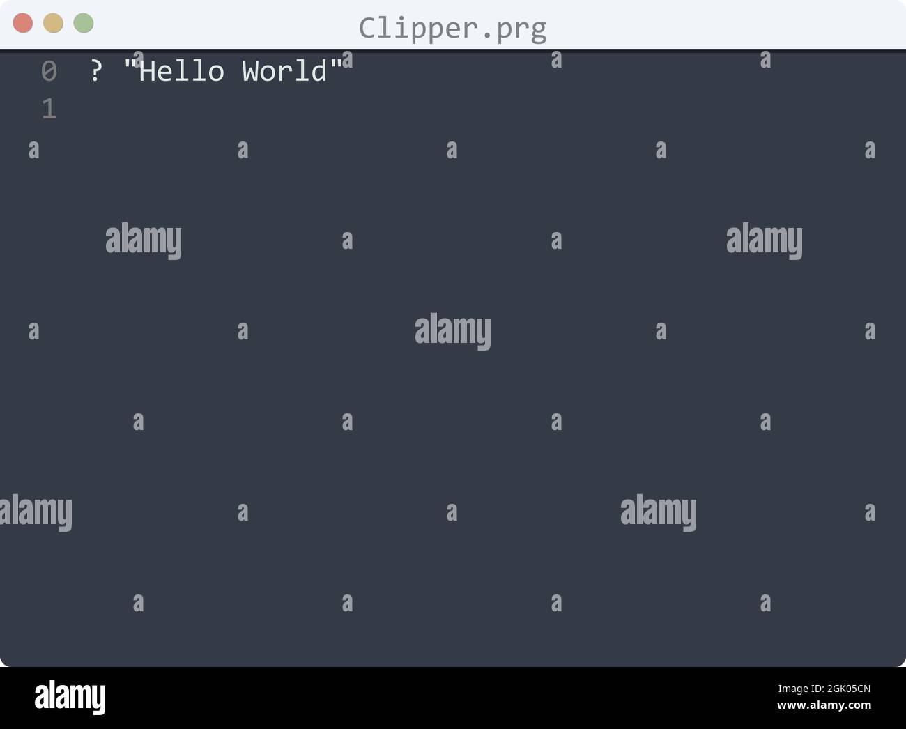 Clipper language Hello World program sample in editor window illustration Stock Vector