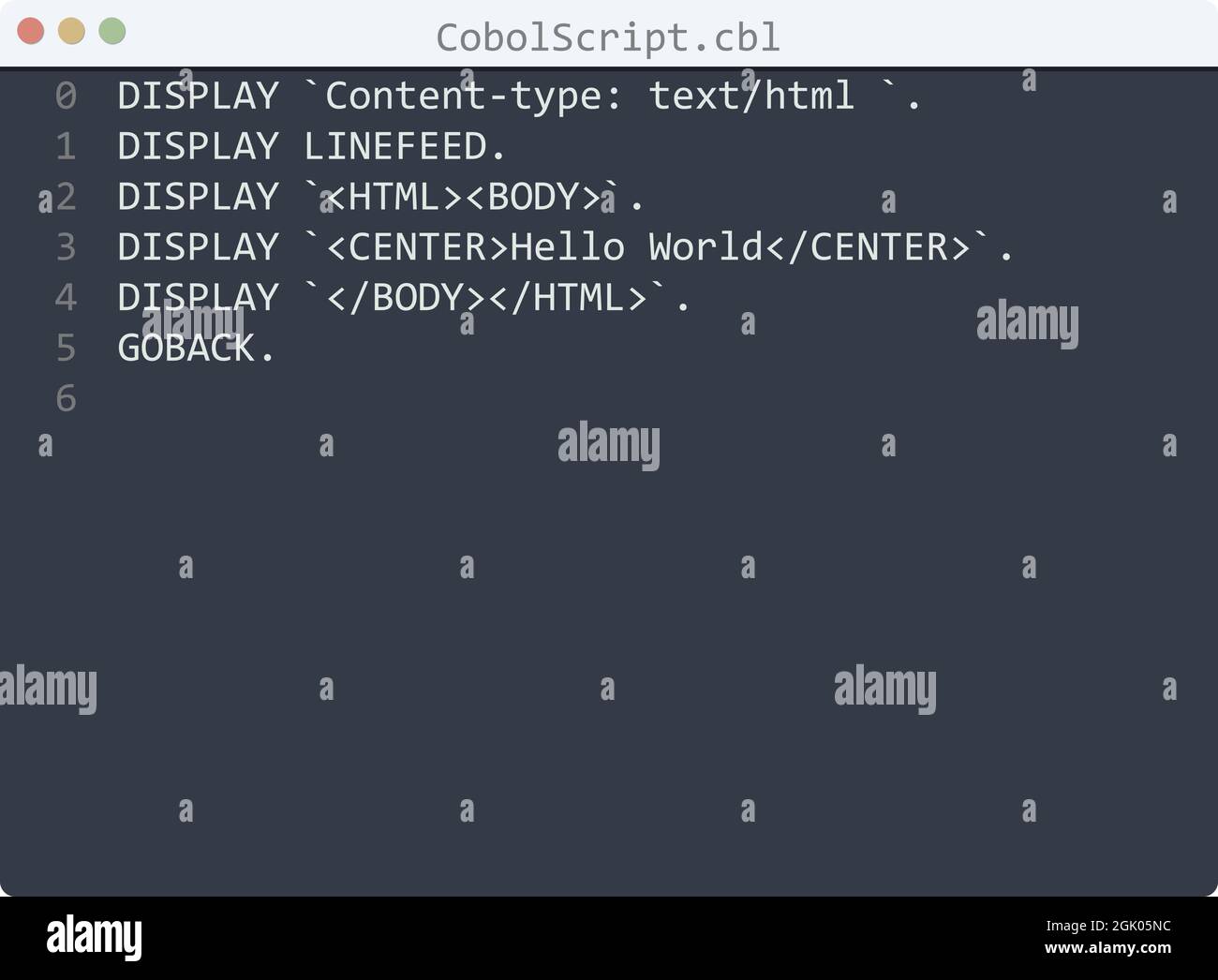 CobolScript language Hello World program sample in editor window ...