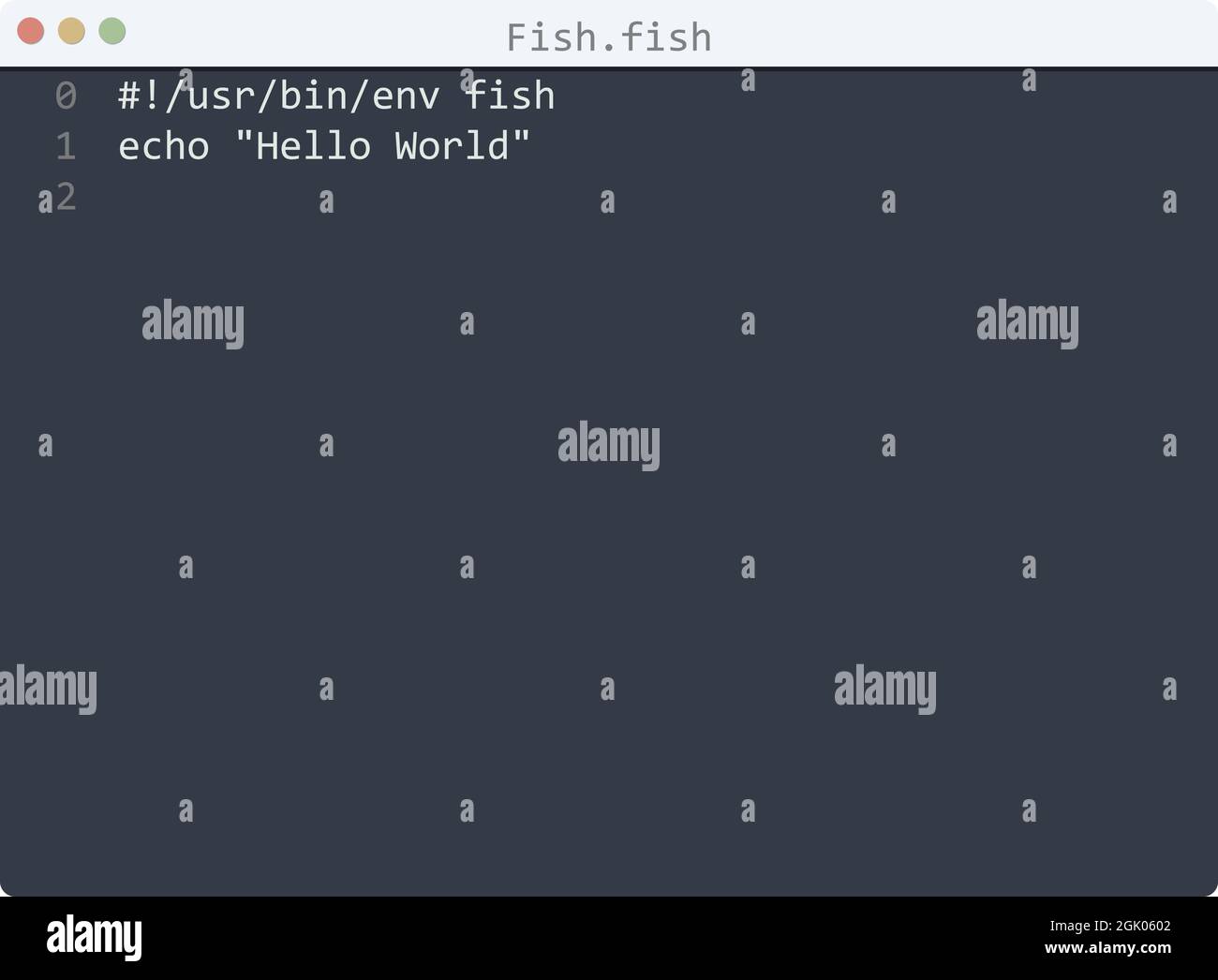 Fish language Hello World program sample in editor window illustration ...