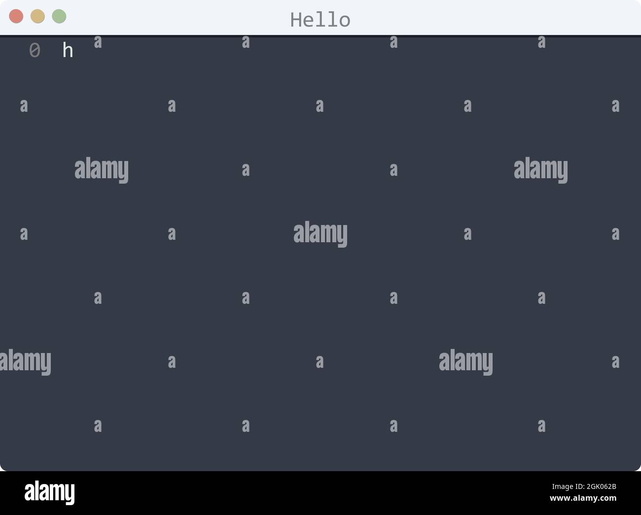 Hello language Hello World program sample in editor window illustration Stock Vector