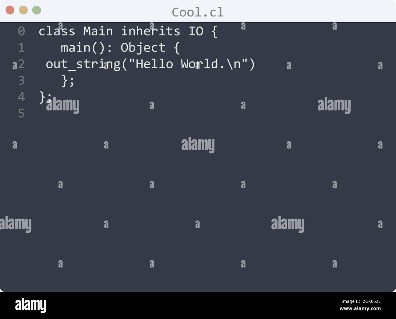 Cool language Hello World program sample in editor window illustration ...
