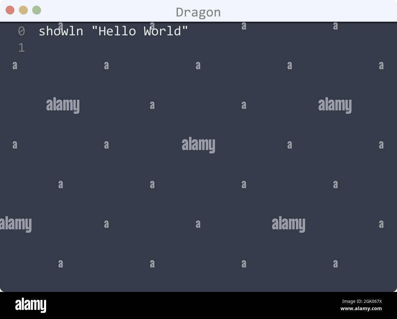 Dragon language Hello World program sample in editor window ...