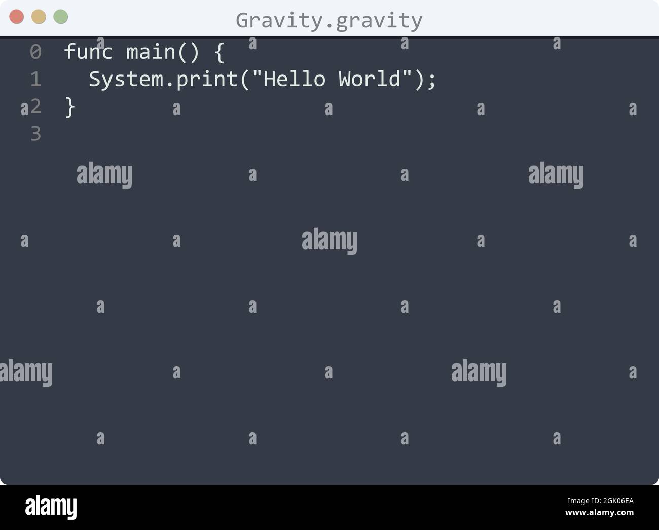Gravity language Hello World program sample in editor window ...