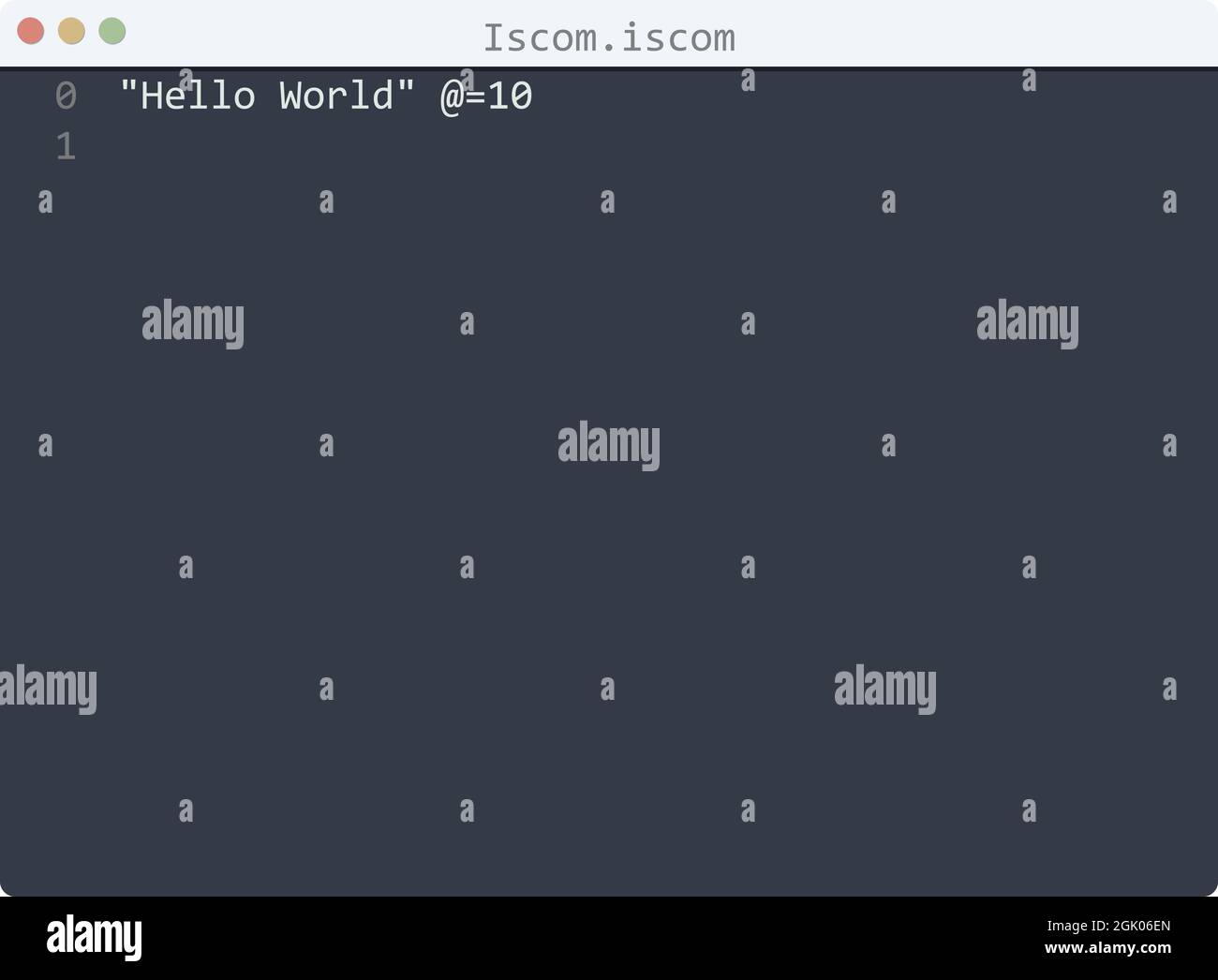 Iscom language Hello World program sample in editor window illustration ...