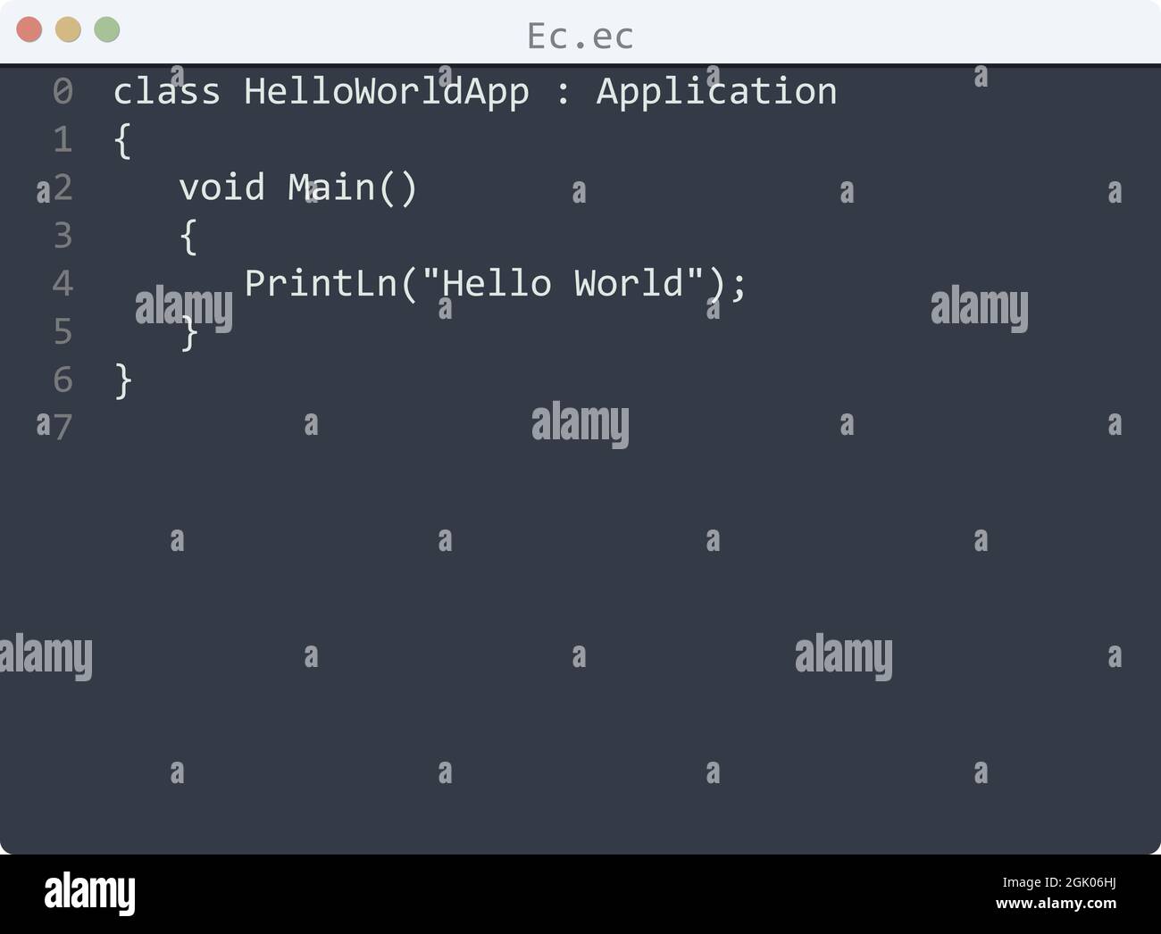 Ec language Hello World program sample in editor window illustration ...