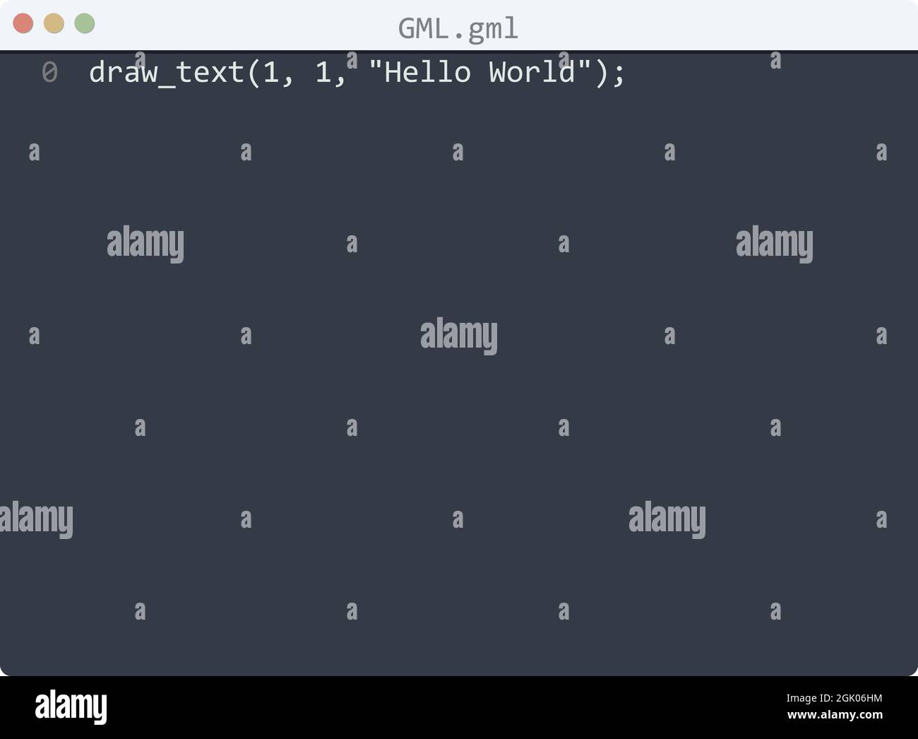 GML language Hello World program sample in editor window illustration ...