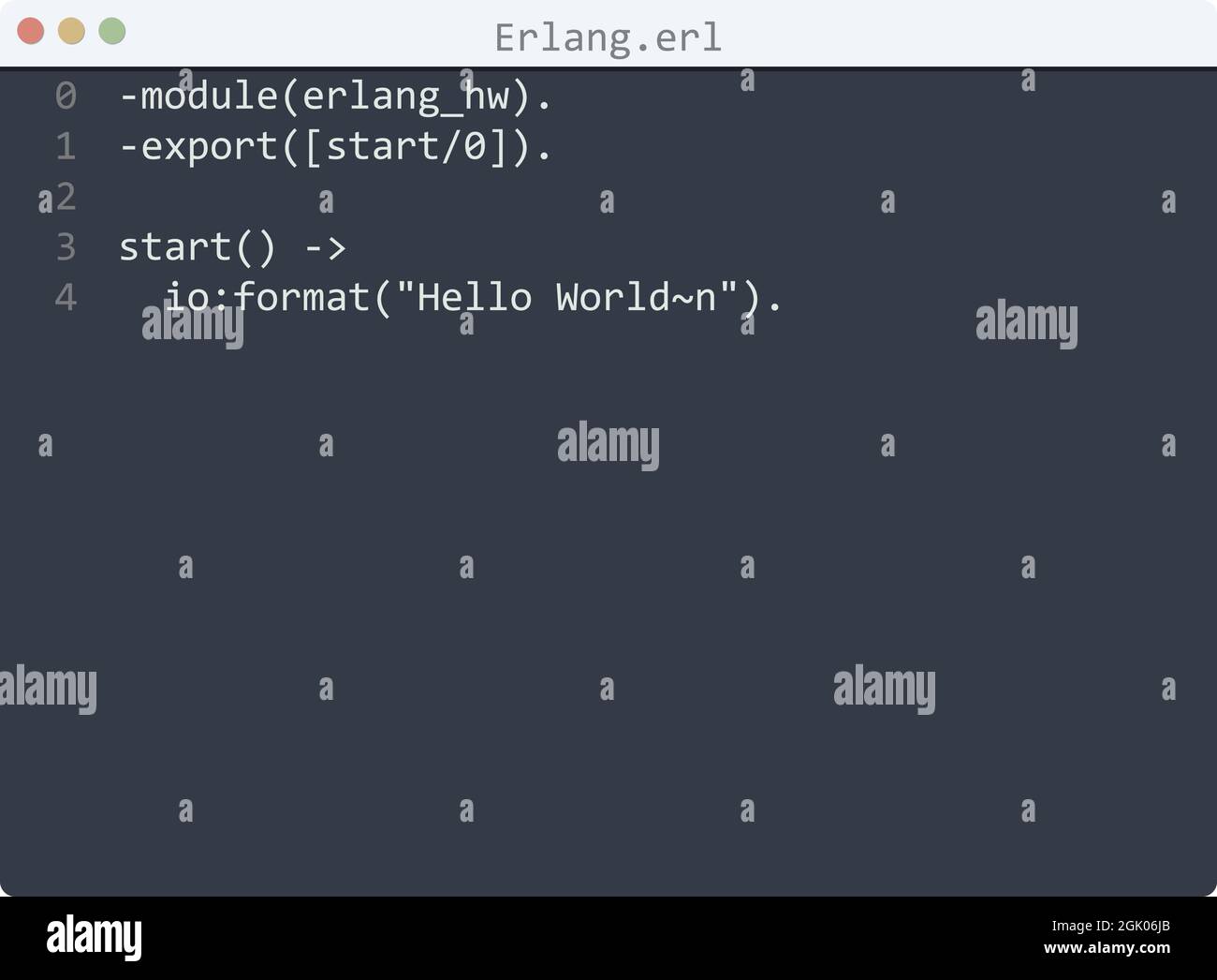 Erlang language Hello World program sample in editor window ...