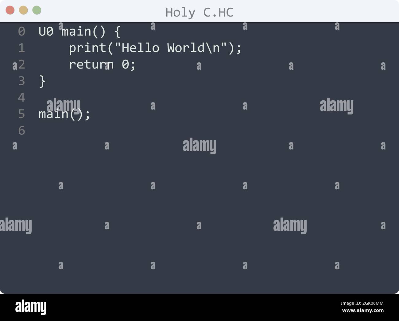 Holy C Language Hello World Program Sample In Editor Window 