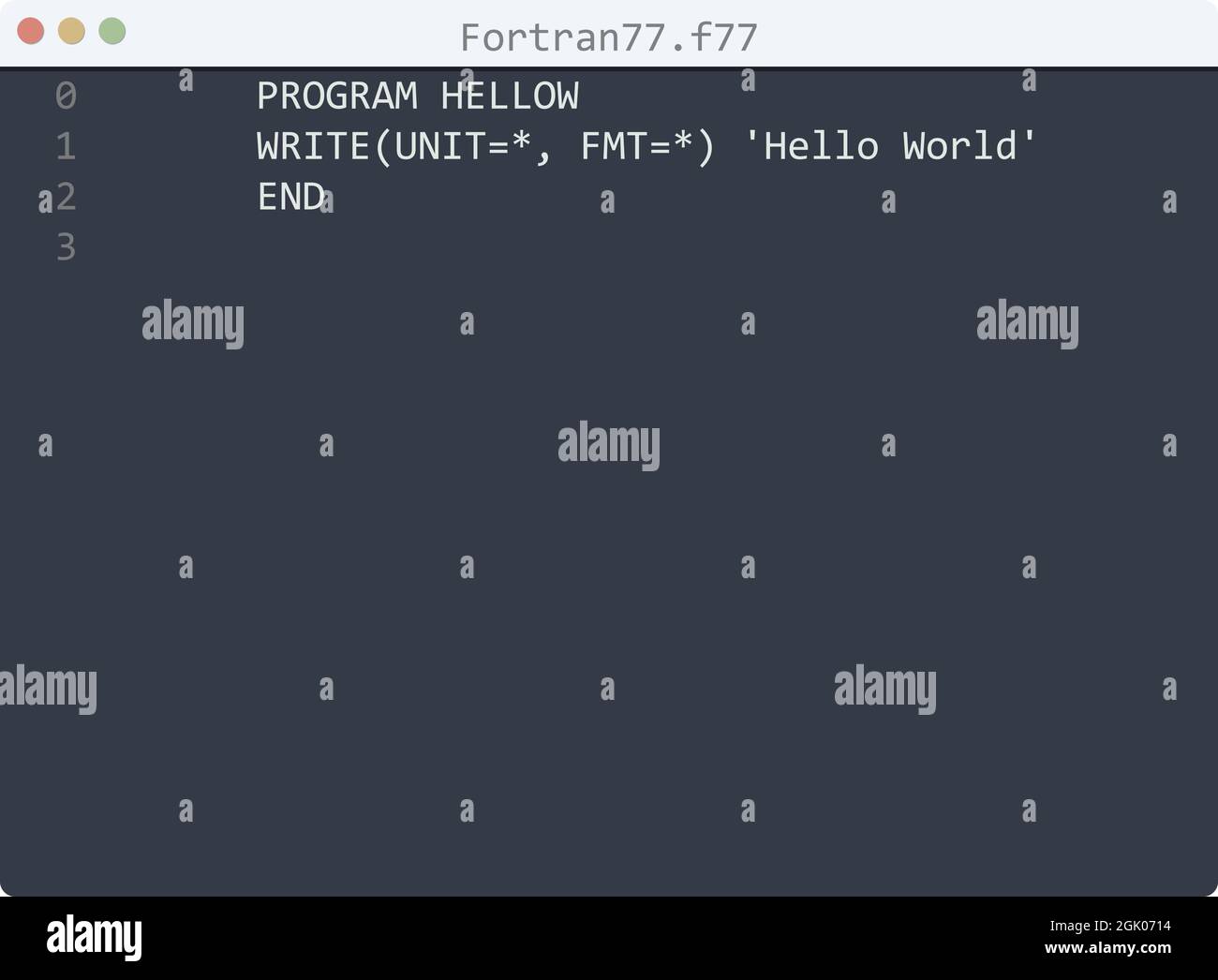 Fortran77 language Hello World program sample in editor window ...