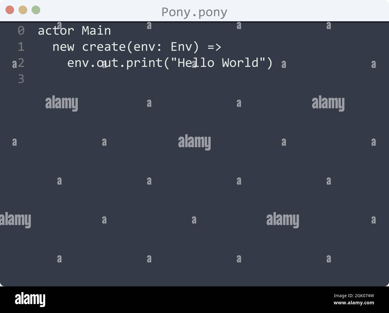 Pony language Hello World program sample in editor window illustration ...