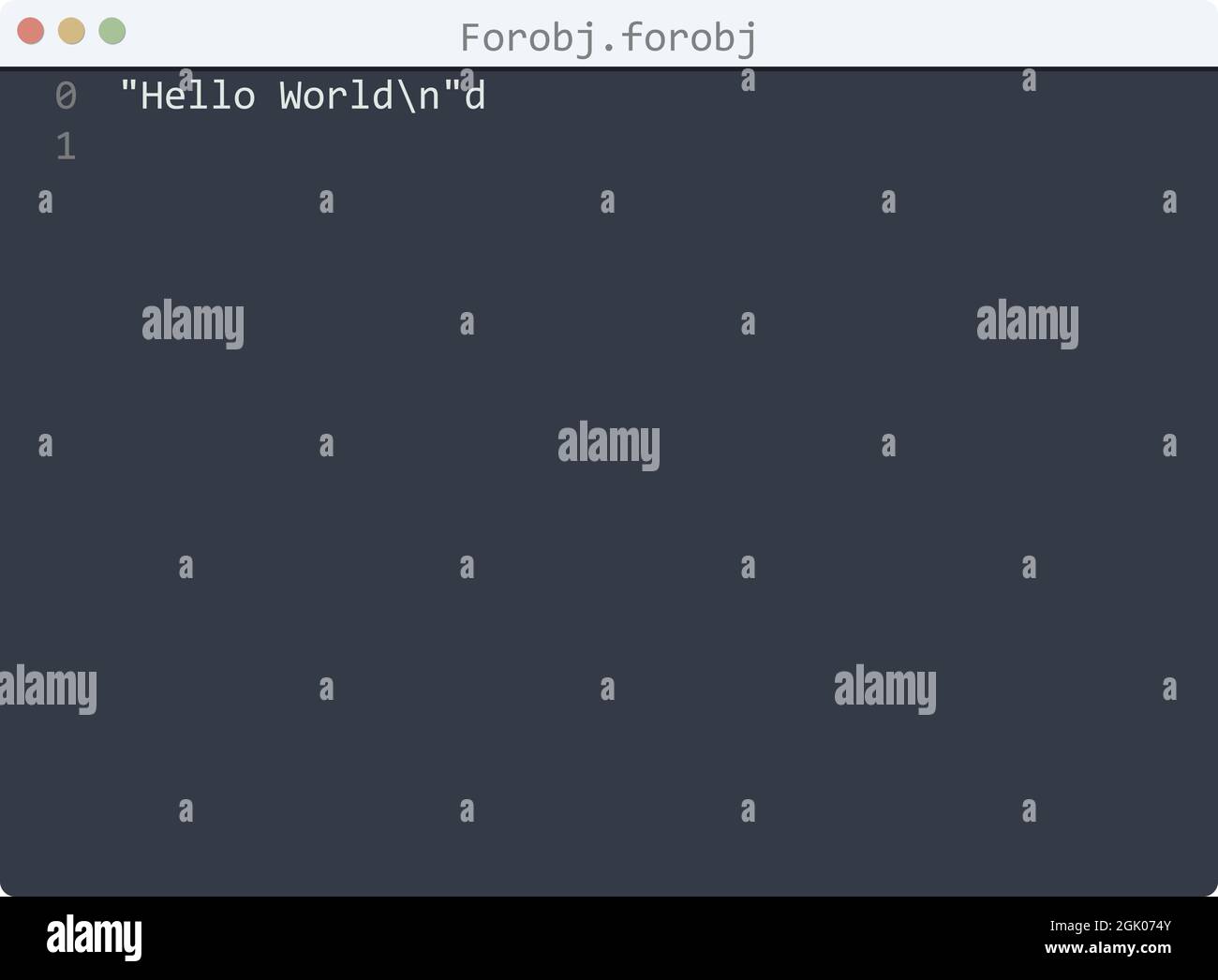 Forobj language Hello World program sample in editor window ...