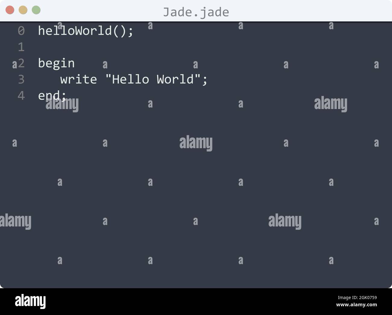 Jade language Hello World program sample in editor window illustration ...