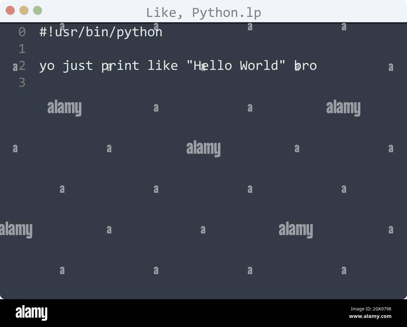 Like, Python language Hello World program sample in editor window ...