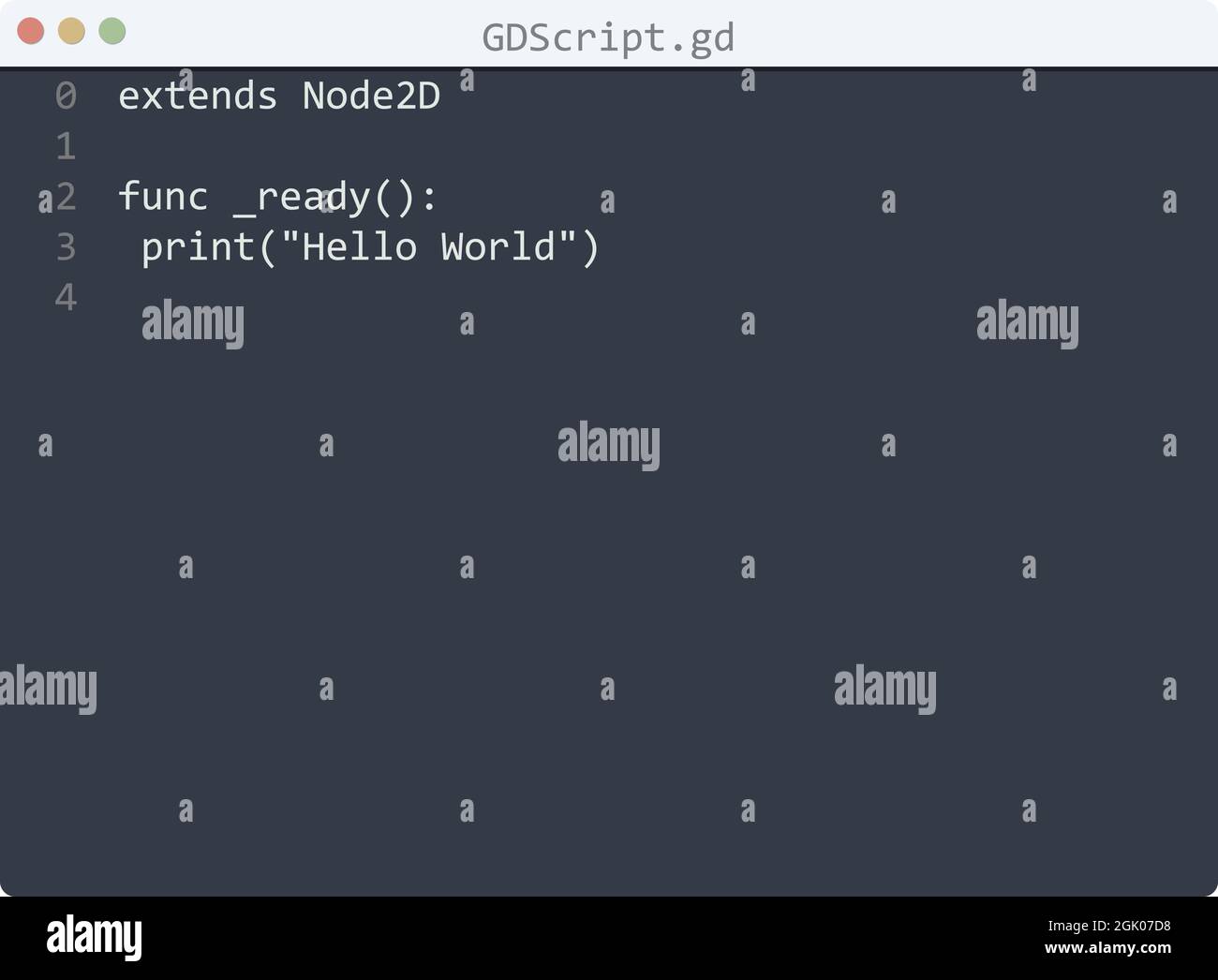 GDScript language Hello World program sample in editor window ...