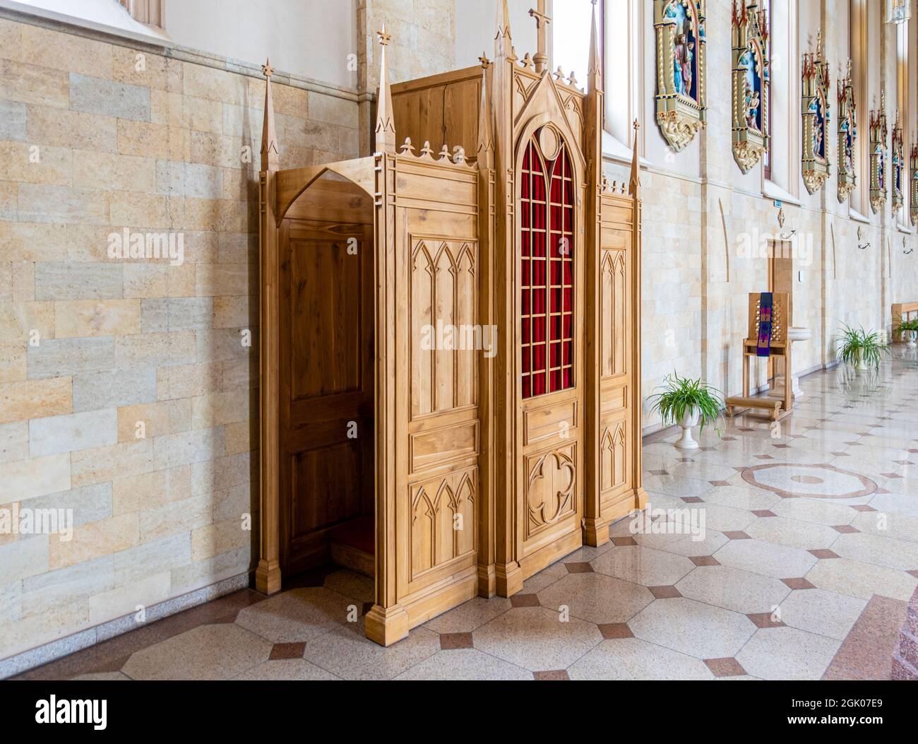 Confessional booth inside Roman Catholic Cathedral of Our Lady of Fatima, Karaganda, Kazakhstan, Central Asia Stock Photo
