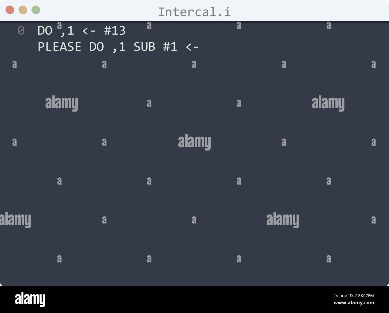 Intercal language Hello World program sample in editor window ...